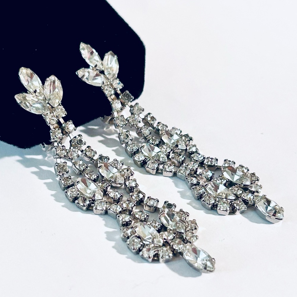 Statement Rhinestone Drop Clip-On Earrings - Clear Rhinestone Chandelier - Picture 4 of 7